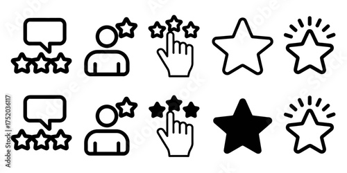 Set of 10 black and white rating icons user feedback and star ratings