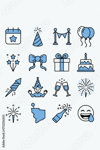 Collection of blue party and celebration icons for festive occasions and events