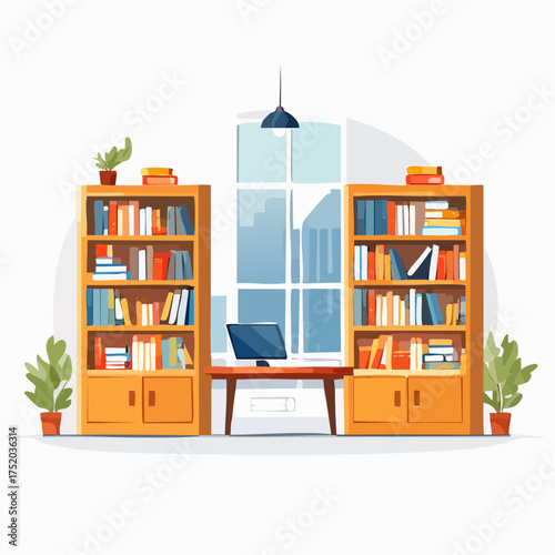 Study Room Interior with Bookshelves a Desk and a Window with Natural Light in a Home Office Illustration