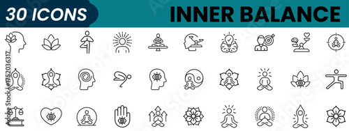 Set of 30 outline icons related to inner balance, yoga, meditation. Linear icon collection. Editable stroke. Vector illustration