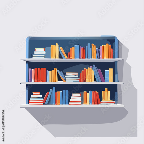 Well Stocked Bookshelf with Assorted Colorful Books on White Shelves Against Light Grey Background