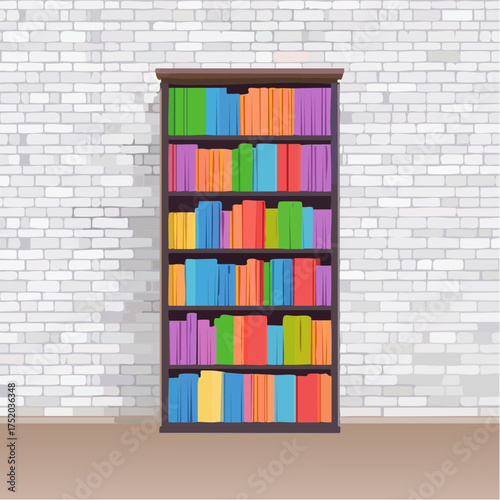 Tall Bookshelf with Assorted Colorful Books Against White Brick Wall Illustration