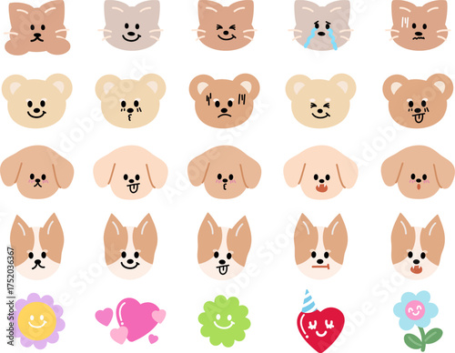 Cute vector illustrations of puppy and cat expressions, flowers, heart for cartoon characters, comic, animals, pet shop, vet, emoji, mood, feelings, emotion, emoticon, Valentine's day, patch, pin