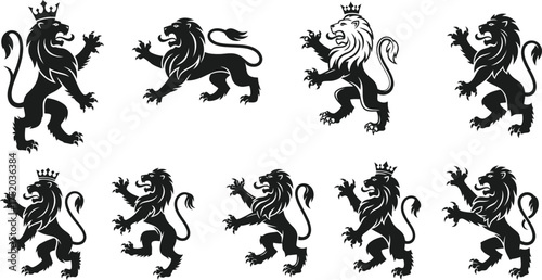 Vector art of set of heraldic lion emblems, royal crests, and coat of arms symbols