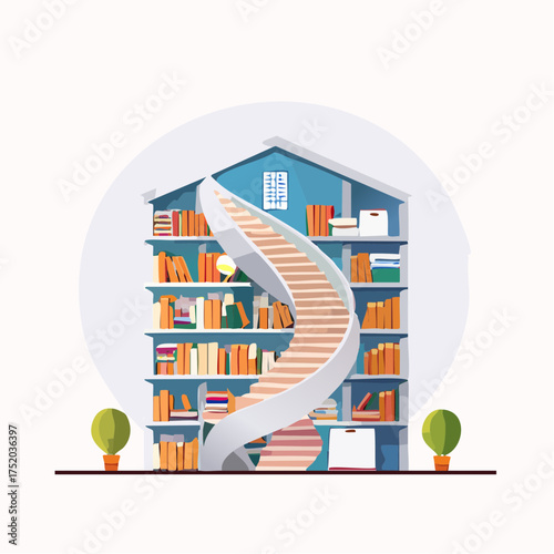 Whimsical Bookshelf Staircase with Warm Toned Books and Globe Against a Soft Blue Background in Vector Style