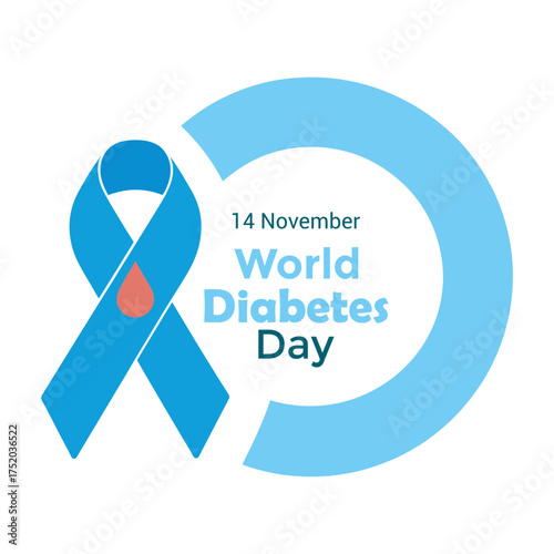 World Diabetes Day, November 14, Blue Ribbon, Blood Drop Symbol, and Global Health Focus, vector illustration