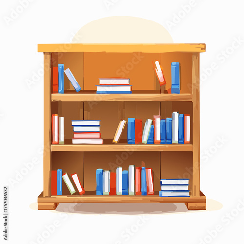 Wooden Bookshelf Filled with Colorful Books in Natural Light against a Cream Background Illustration