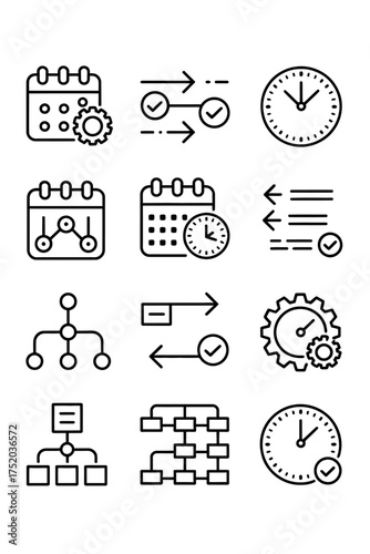 Set of 10 business process workflow and schedule icons black and white line art collection