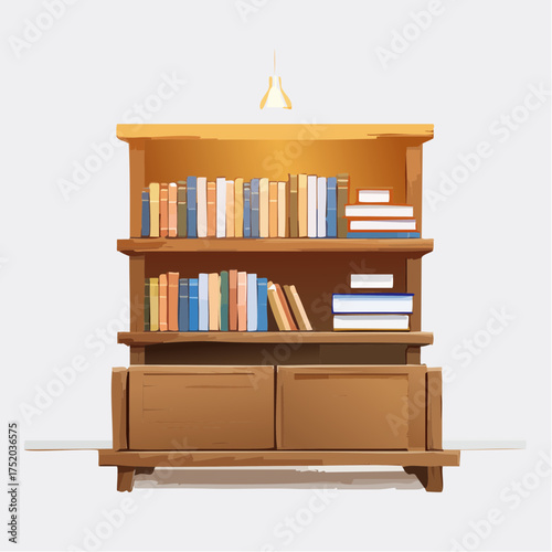 Wooden Bookshelf with Assorted Books on White Background Lit by Soft Yellow Lamp Light