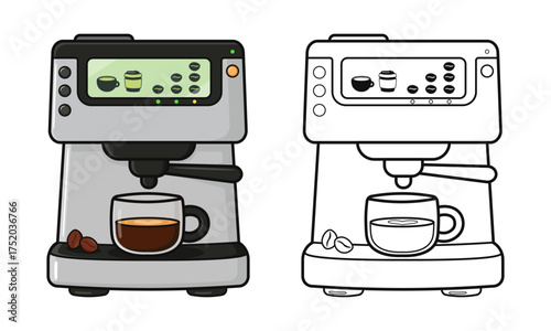 Coffee machine making fresh espresso, line art version included