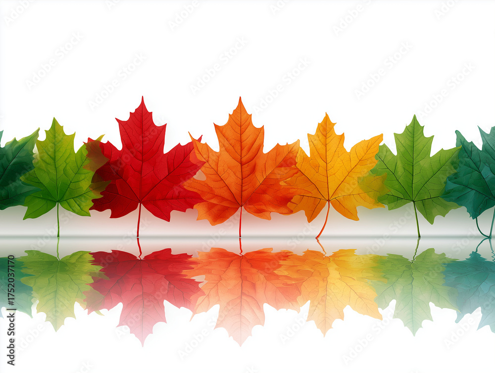 Fototapeta premium Colorful maple leaves arranged in mirrored symmetry over white reflective surface, symbolizing balance, reflection, and harmony of changing seasons, with copy space