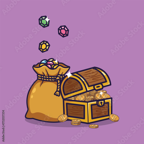 Cute Cartoon Treasure Chest and Gem Sack . Vector Illustration of Whimsical Fantasy Wealth Icons