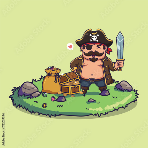 Cute Cartoon Pirate with Treasure Chest and Gem Sack. Vector Illustration of Whimsical Adventure Character