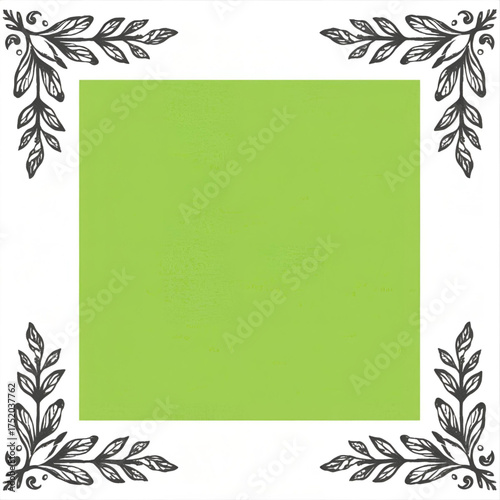 A decorative square frame with hand-drawn botanical leaf corner ornaments on a white background, featuring a central light green space for text