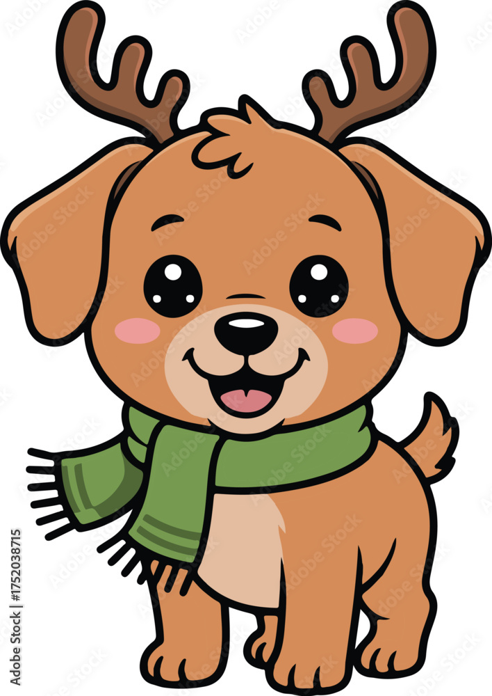 Fototapeta premium Kawaii Dog in Reindeer Antlers illustration, Christmas ClipArt, Xmas Doodle kawaii Sublimation, Winter holiday Clip Art Design