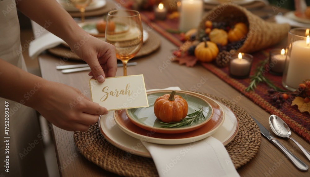 Fototapeta premium Thanksgiving table setting with pumpkins, candles, and name card.