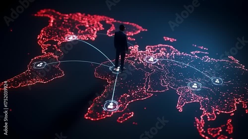 Business professional standing on a glowing world map, symbolizing global connectivity and technology