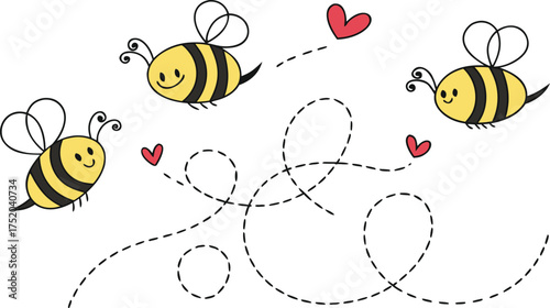 Set of cartoon  bees flying with dashed line trails. A small bees flying on a dotted route. Wasp collection. Vector characters. Incest icon. Template design for invitation, cards. Doodle style