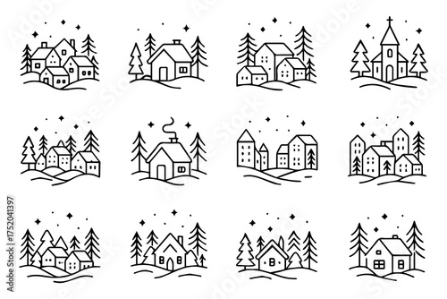Line style icons of architecture and cities: city apartment block, duplex house, suburban home row, smart home unit, eco house icon