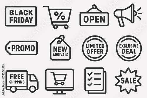 Retail Signage Icons. Flat icon set of store signage: open sign, sale sign, discount tag, new arrival