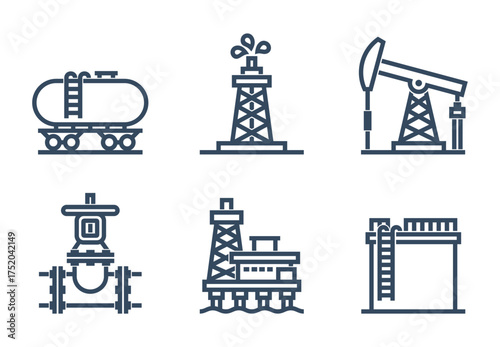 Oil and gas industry bold icons. Drilling, production, transportation, storage