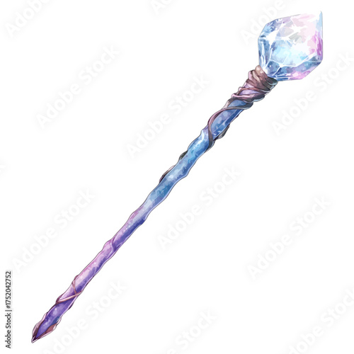 Watercolor Cosmic Staff with a Glowing Crystal
