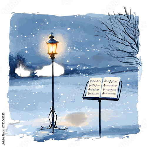 Watercolor Winter Night with a Glowing Lantern and Music Stand
