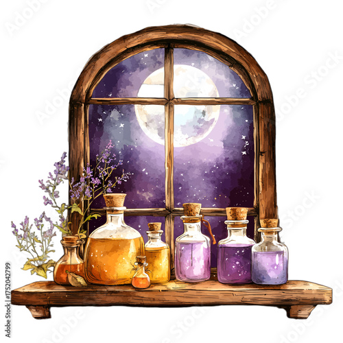 Watercolor Witch's Altar with Potion Bottles and Full Moon
