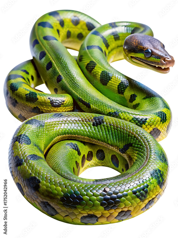 Obraz premium Striking green anaconda serpent coiled displaying vibrant scales and patterns isolated for detail study