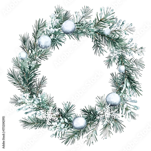 Watercolor Frosted Pine Christmas Wreath with White Ornaments
