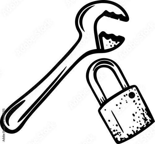 Hand drawn wrench and padlock symbolizing security maintenance, mechanical repair, and strong protection illustration