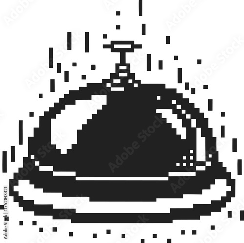 Pixel art service bell icon retro black and white illustration of hospitality symbol, vintage hotel reception desk alert