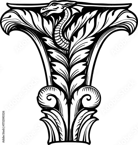 Ancient ornate column capital with dragon motif decorative classical architecture detail, fantasy mythical creature leaf design