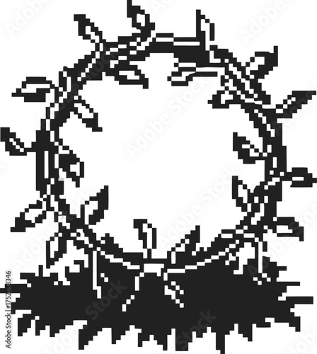 Pixel art leafy vine wreath in a circle shape with organic branches and foliage, minimal black and white botanical illustration