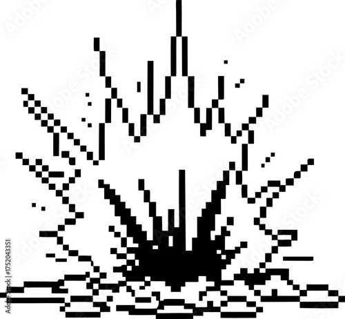 Pixel explosion graphic with debris and blast effect in retro black and white, 8 bit digital art on white background