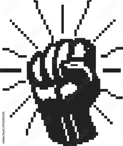 Pixelated raised fist symbol retro digital revolution icon for empowerment, protest, activism, 8 bit art, unity movement