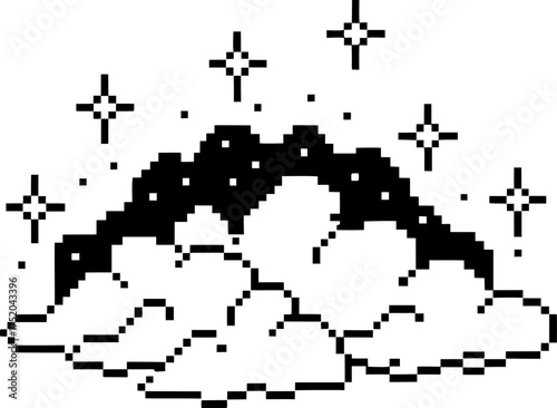 Monochrome pixel art clouds with sparkling stars, retro digital design, night sky fantasy atmospheric illustration