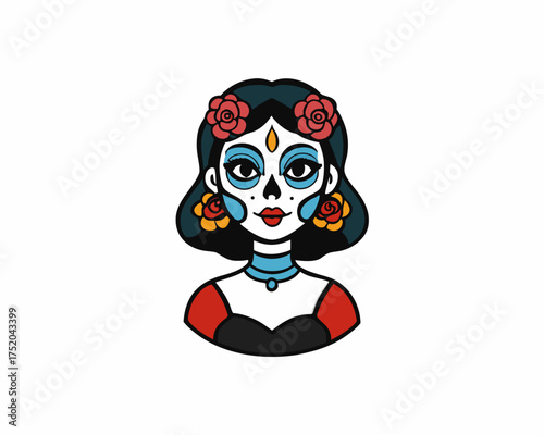 Catrina Makeup Woman Portrait Vector, Painted Face Skeleton Girl with Roses, Mexican Culture Art isolated on white background