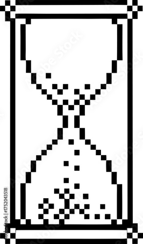 Pixel hourglass icon, simple black and white sand timer illustration, retro digital countdown, time passing symbol