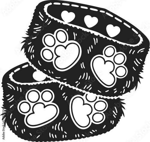 Furry pet bed with heart and paw print patterns, cozy animal nest for comfort and warmth, cute black and white design