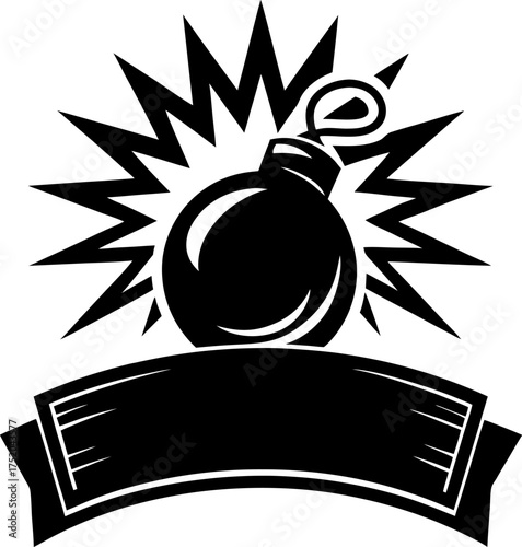 Classic round bomb with fuse and explosion burst black emblem with blank banner, explosive danger concept