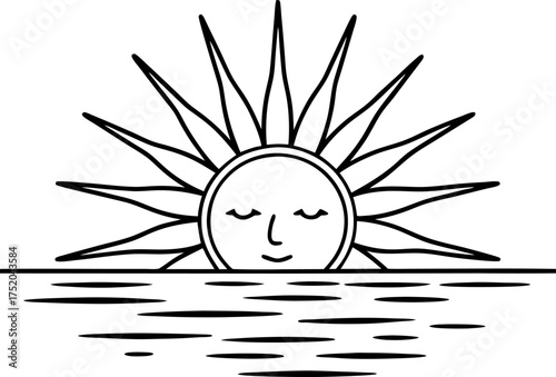 Smiling sun with rays rising above calm water, peaceful morning dawn line art, minimalist dreamy sunrise illustration