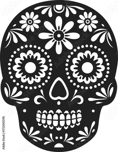 Ornate decorative skull with floral patterns black and white sugar skull illustration, traditional folk art, holiday celebration