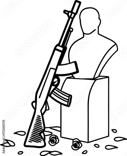 Assault rifle leaning on human bust monument with fallen roses on ground symbolic violence, war, remembrance, loss, tribute