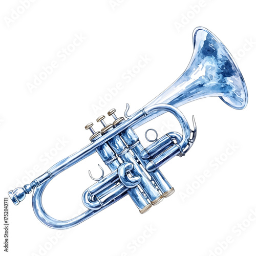 Watercolor Blue Trumpet with a Metallic Sheen
