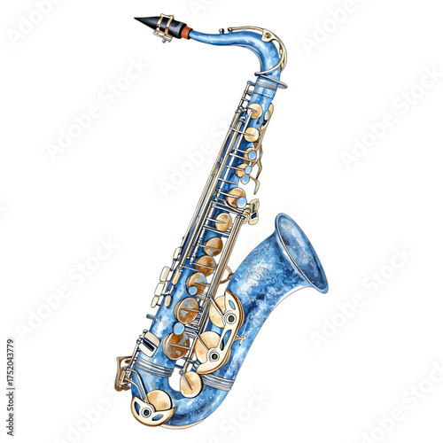 Watercolor Blue and Gold Saxophone
