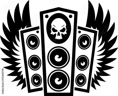 Skull with wings and loudspeakers gothic music emblem, sound system illustration, rock festival symbol, audio power icon