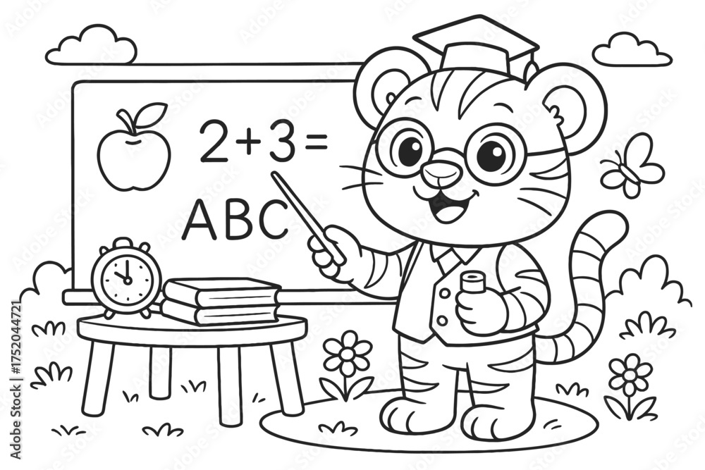 Fototapeta premium A charming cartoon tiger teacher in glasses and cap points to a blackboard with math and ABC.