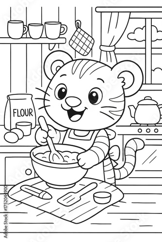 A cheerful cartoon tiger bakes in a kitchen, mixing ingredients for a delicious treat.