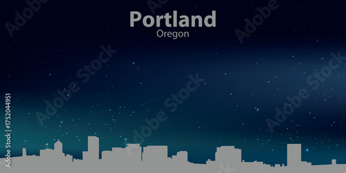 Silhouette of the city of Portland, Oregon, against a night sky with stars. The names “Portland” and “Oregon” are written in white text at the top of the image.